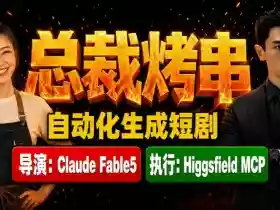Claude Fable5担任导演+Higgsfield MCP落地执行|《总裁烤串》真人质感短剧全自动AI生成全流程教学
