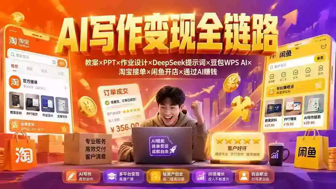 2026AI写作变现全链路:教案PPT作业设计DeepSeek提示词豆包WPS AI淘宝接单闲鱼开店通过AI賺钱 2026AI写作变现全链路:教案PPT作业设计DeepSeek提示词豆包WPS AI淘宝接单闲鱼开店通过AI賺钱