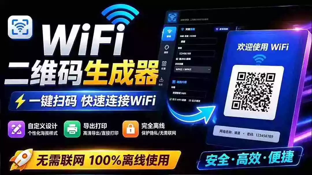 完全离线使用!WiFi二维码生成器,一键扫码快速连接WiFi,支持自定义风格导出 WiFi二维码生成器 完全离线使用!WiFi二维码生成器,一键扫码快速连接WiFi,支持自定义风格导出 WiFi二维码生成器