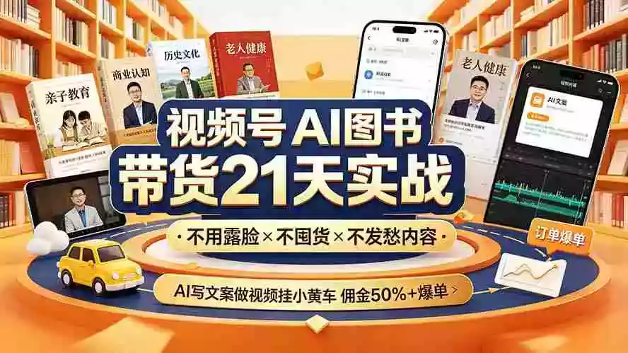 视频号AI图书带货21天实战:不用露脸不囤货不发愁内容,AI写文案做视频挂小黄车,佣金50%+爆单 视频号AI图书带货21天实战:不用露脸不囤货不发愁内容,AI写文案做视频挂小黄车,佣金50%+爆单