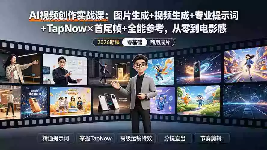 AI视频创作实战课:图片生成+视频生成+专业提示词+TapNow首尾帧+全能参考,从零到电影感成片 AI视频创作实战课:图片生成+视频生成+专业提示词+TapNow首尾帧+全能参考,从零到电影感成片