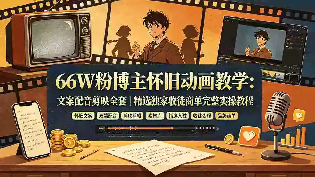 66W粉博主怀旧动画教学:文案配音剪映全套|精选独家收徒商单完整实操教程 66W粉博主怀旧动画教学:文案配音剪映全套|精选独家收徒商单完整实操教程