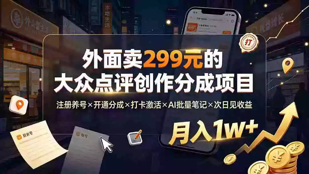 外面卖299元的大众点评创作分成项目:注册养号开通分成打卡激活AI批量笔记次日见收益,月入1w+ 外面卖299元的大众点评创作分成项目:注册养号开通分成打卡激活AI批量笔记次日见收益,月入1w+