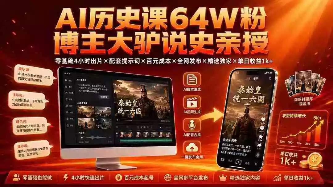 AI历史课64W粉博主大驴说史亲授:零基础4小时出片配套提示词百元成本全网发布精选独家单日收益1k+ AI历史课64W粉博主大驴说史亲授:零基础4小时出片配套提示词百元成本全网发布精选独家单日收益1k+
