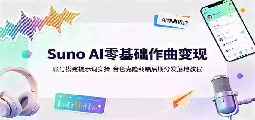 Suno AI零基础作曲变现:账号搭建提示词实操,音色克隆翻唱后期分发落地教程 Suno AI零基础作曲变现:账号搭建提示词实操,音色克隆翻唱后期分发落地教程