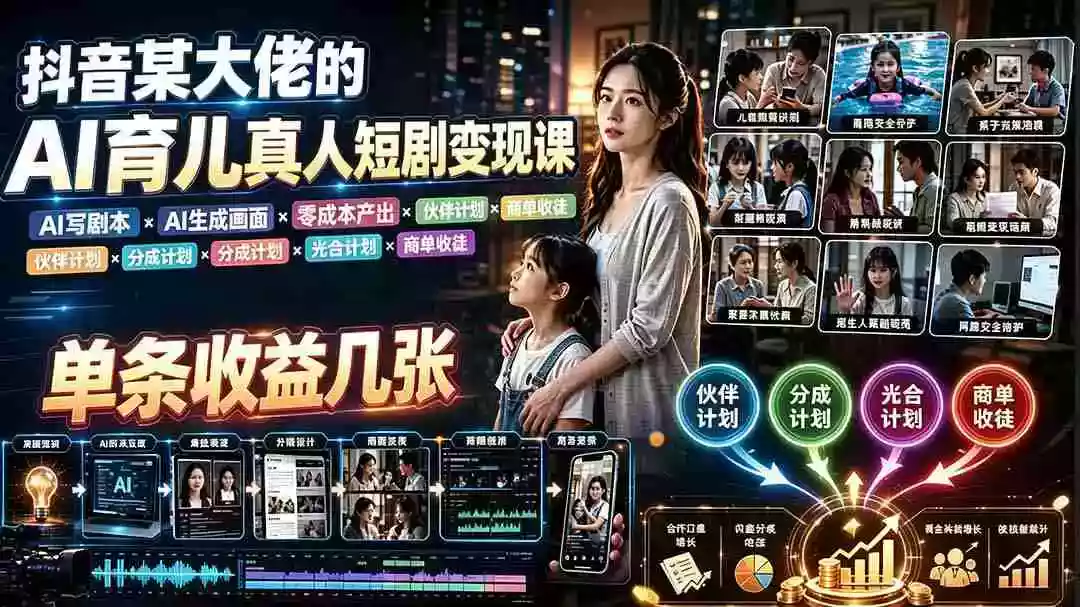 AI育儿真人短剧变现课:AI写剧本AI生成画面零成本产出伙伴计划分成计划光合计划商单收徒 AI育儿真人短剧变现课:AI写剧本AI生成画面零成本产出伙伴计划分成计划光合计划商单收徒