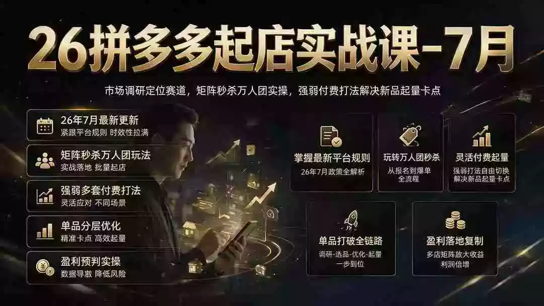 26拼多多起店实战课-7月|市场调研定位赛道,矩阵秒杀万人团实操,强弱付费打法解决新品起量卡点 26拼多多起店实战课-7月|市场调研定位赛道,矩阵秒杀万人团实操,强弱付费打法解决新品起量卡点