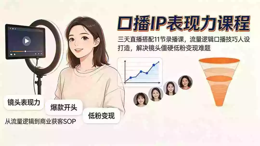 口播IP表现力课程|三天直播搭配11节录播课,流量逻辑口播技巧人设打造,解决镜头僵硬低粉变现难题