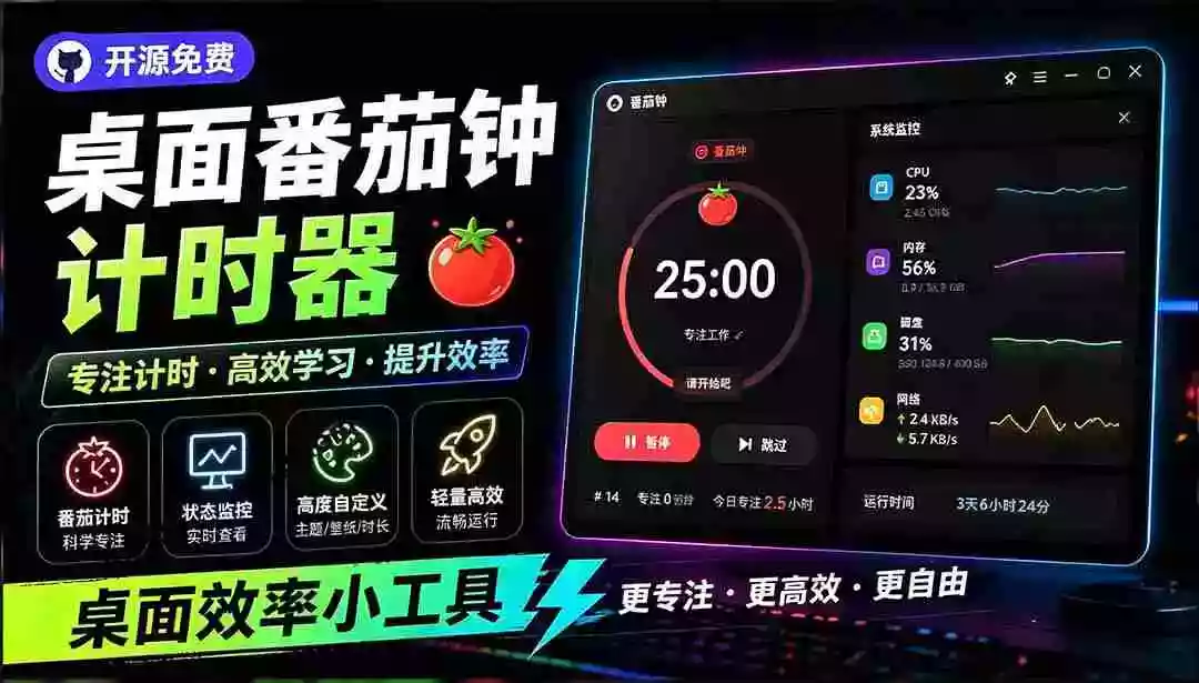 仅1.16MB,开源极简的桌面时钟、番茄钟计时器,还支持系统监控显示,桌面效率小工具 Catime 仅1.16MB,开源极简的桌面时钟、番茄钟计时器,还支持系统监控显示,桌面效率小工具 Catime