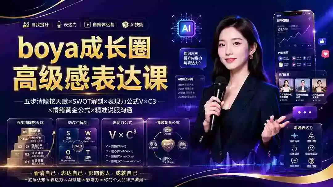 boya成长圈｜内心成长高级表达AI自媒体三合一，消解内耗挖掘天赋，镜头沟通AI指令短视频全流程教学