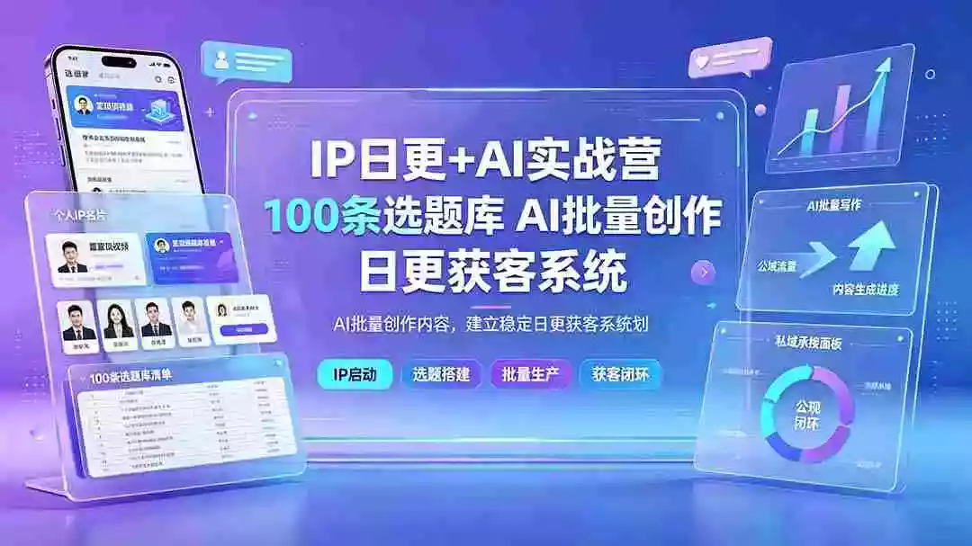 IP日更+AI实战营:IP置顶视频制作100条选题库搭建10条日更规划,AI批量创作内容,建立稳定日更获客系统 IP日更+AI实战营:IP置顶视频制作100条选题库搭建10条日更规划,AI批量创作内容,建立稳定日更获客系统