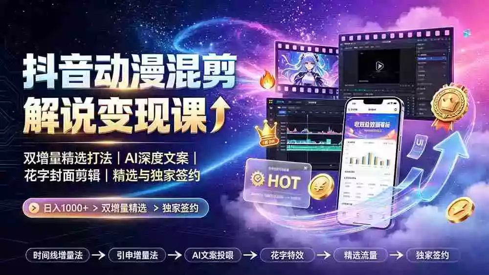 抖音动漫混剪解说变现课:双增量精选打法|AI深度文案|花字封面剪辑| 精选与独家签约日入1000+ 抖音动漫混剪解说变现课:双增量精选打法|AI深度文案|花字封面剪辑| 精选与独家签约日入1000+