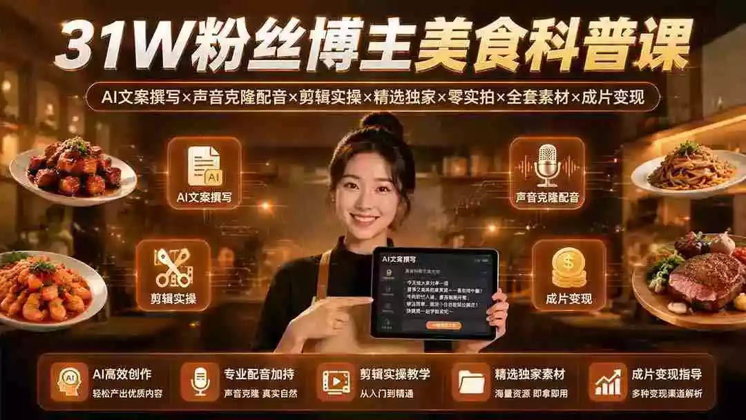 31W粉丝博主美食科普课:AI文案撰写声音克隆配音剪辑实操精选独家零实拍全套素材成片变现 31W粉丝博主美食科普课:AI文案撰写声音克隆配音剪辑实操精选独家零实拍全套素材成片变现
