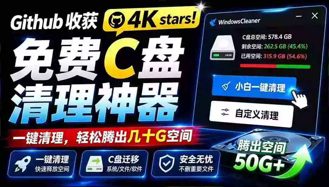 Github收获 4K stars!免费C盘清理神器,轻松腾出几十G空间,支持C盘迁移 Windows Cleaner Github收获 4K stars!免费C盘清理神器,轻松腾出几十G空间,支持C盘迁移 Windows Cleaner