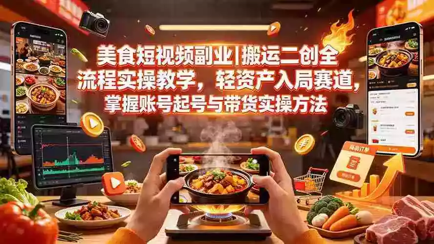 美食短视频副业|搬运二创全流程实操教学,轻资产入局赛道,掌握账号起号与带货实操方法 美食短视频副业|搬运二创全流程实操教学,轻资产入局赛道,掌握账号起号与带货实操方法