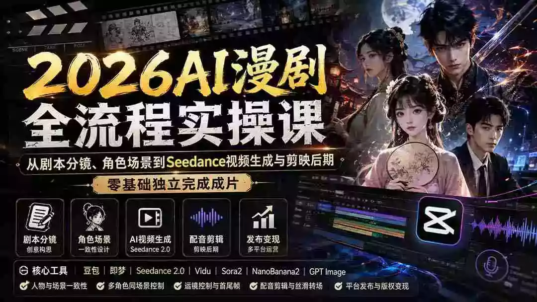 2026AI漫剧全流程实操课:从剧本分镜、角色场景到Seedance视频生成与剪映后期,零基础独立完成成片 2026AI漫剧全流程实操课:从剧本分镜、角色场景到Seedance视频生成与剪映后期,零基础独立完成成片