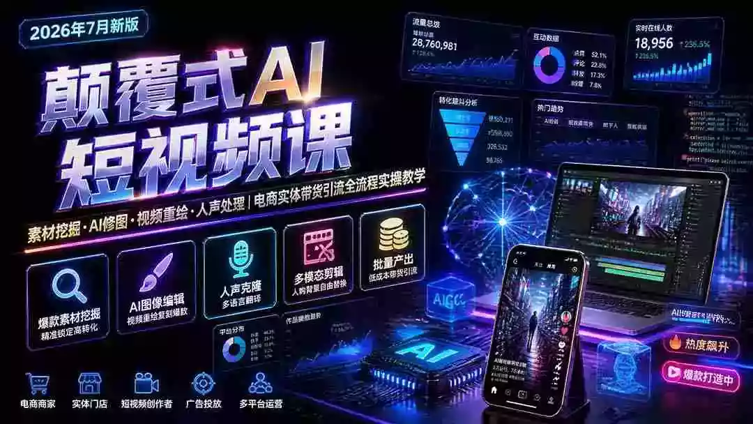颠覆式AI短视频课|素材挖掘,AI修图,视频重绘,人声处理|电商实体带货引流全流程实操教学