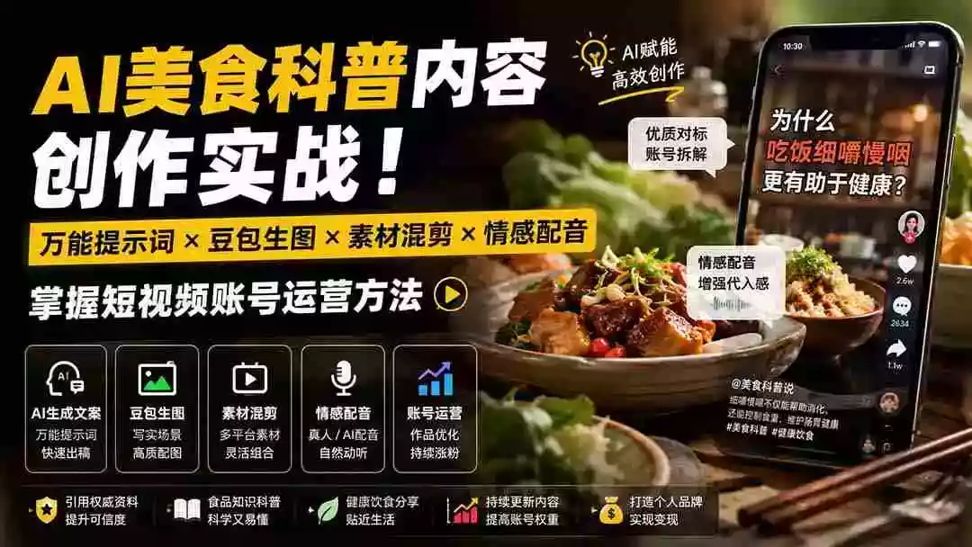 外面卖199元-AI美食科普内容创作实战!万能提示词豆包生图素材混剪情感配音,掌握短视频账号运营方法 外面卖199元-AI美食科普内容创作实战!万能提示词豆包生图素材混剪情感配音,掌握短视频账号运营方法