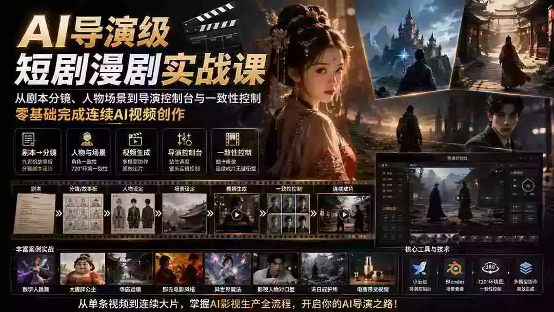 AI导演级短剧漫剧实战课:从剧本分镜、人物场景到导演控制台与一致性控制,零基础完成连续AI视频创作 (更新) AI导演级短剧漫剧实战课:从剧本分镜、人物场景到导演控制台与一致性控制,零基础完成连续AI视频创作 (更新)