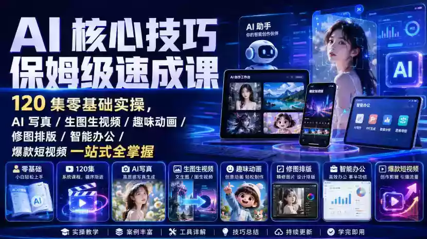 AI核心技巧保姆级速成课|120集零基础实操,AI写真/生图生视频/趣味动画/修图排版/智能办公/爆款短视频一站式全掌握(更新) AI核心技巧保姆级速成课|120集零基础实操,AI写真/生图生视频/趣味动画/修图排版/智能办公/爆款短视频一站式全掌握(更新)