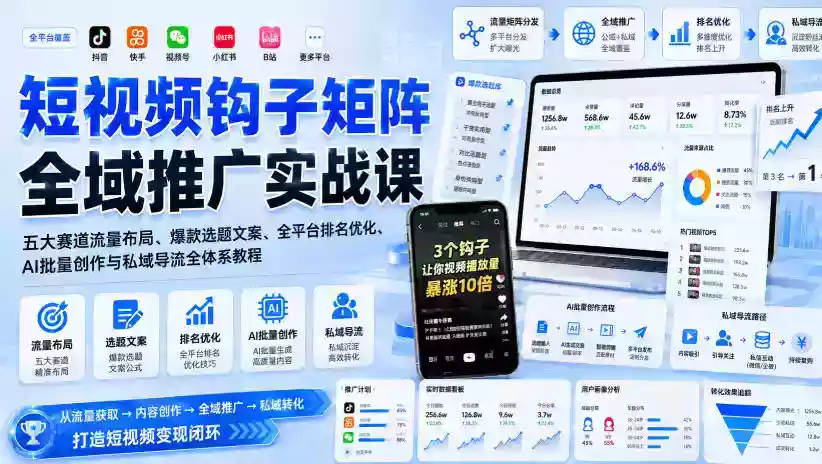 短视频钩子矩阵全域推广实战课|五大赛道流量布局、爆款选题文案、全平台排名优化、AI批量创作与私域导流全体系教程 短视频钩子矩阵全域推广实战课|五大赛道流量布局、爆款选题文案、全平台排名优化、AI批量创作与私域导流全体系教程