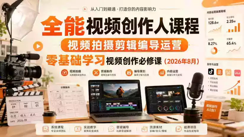 全能视频创作人课程,视频拍摄剪辑编导运营,零基础学习视频创作必修课(2026年8月) 全能视频创作人课程,视频拍摄剪辑编导运营,零基础学习视频创作必修课(2026年8月)