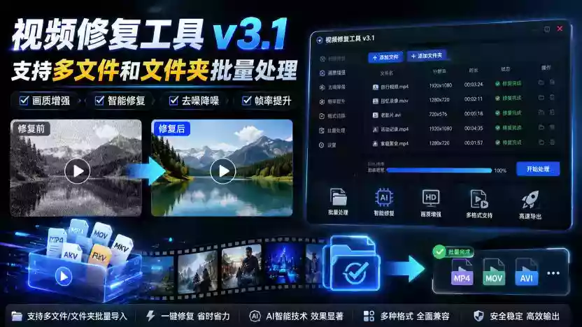 视频修复工具v3.1,支持多文件和文件夹批量处理 视频修复工具v3.1,支持多文件和文件夹批量处理