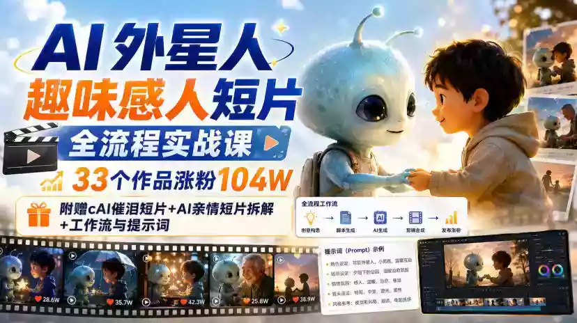 AI外星人趣味感人短片全流程实战课，33个作品涨粉104W，附赠AI催泪短片+AI亲情短片拆解+工作流与提示词