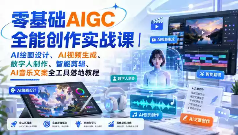 零基础AIGC全能创作实战课|AI绘画设计、AI视频生成、数字人制作、智能剪辑、AI音乐文案全工具落地教程 零基础AIGC全能创作实战课|AI绘画设计、AI视频生成、数字人制作、智能剪辑、AI音乐文案全工具落地教程