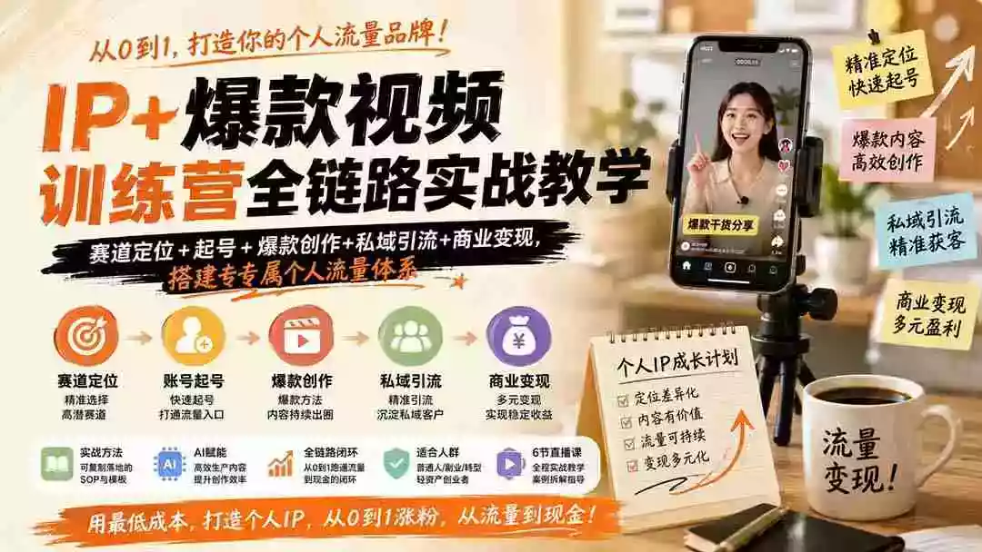 IP+爆款视频训练营全链路实战教学;赛道定位+起号+爆款创作+私域引流+商业变现,搭建专属个人流量体系 IP+爆款视频训练营全链路实战教学;赛道定位+起号+爆款创作+私域引流+商业变现,搭建专属个人流量体系
