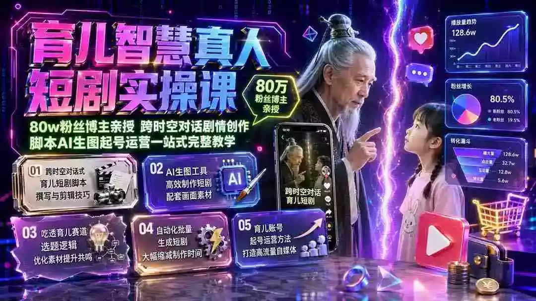 育儿智慧真人短剧实操课|80w粉丝博主亲授,跨时空对话剧情创作,脚本AI生图起号运营一站式完整教学