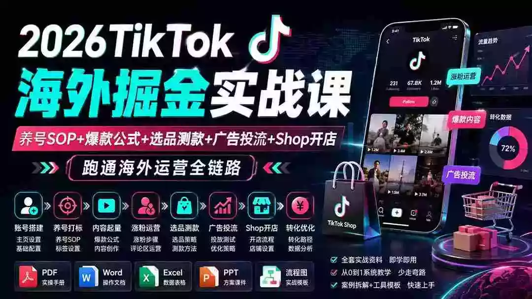 2026TikTok海外掘金实战课——养号SOP+爆款公式+选品测款+广告投流+Shop开店,跑通海外运营全链路 2026TikTok海外掘金实战课——养号SOP+爆款公式+选品测款+广告投流+Shop开店,跑通海外运营全链路