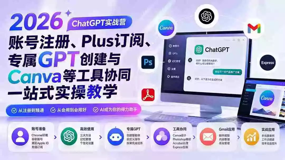 2026 ChatGPT实战营；账号注册、Plus订阅、专属GPT创建与Canva等工具协同一站式实操教学