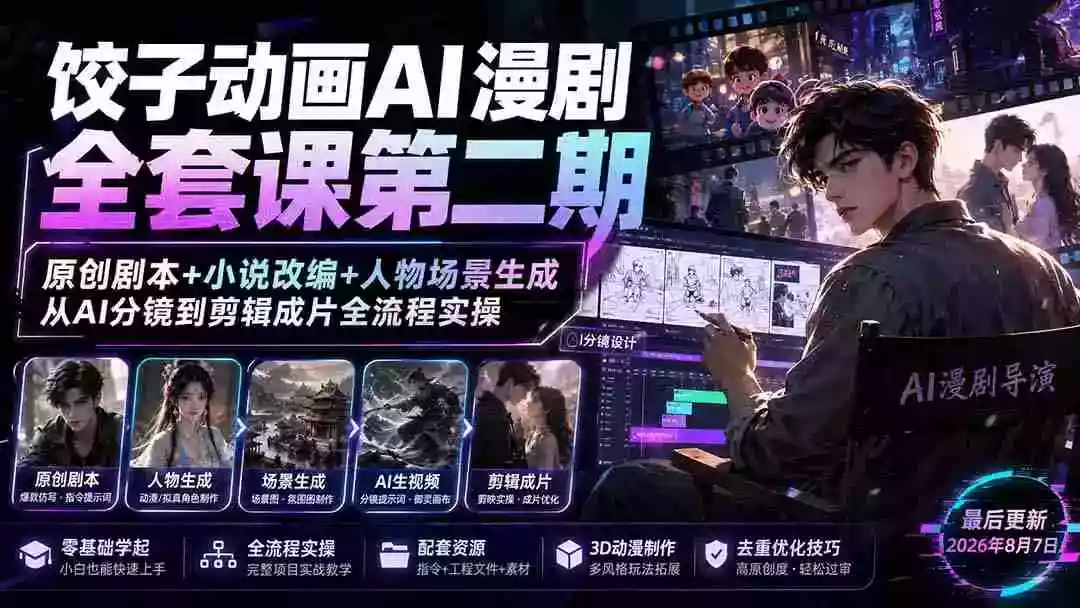 饺子动画AI漫剧全套课第二期:原创剧本+小说改编+人物场景生成,从AI分镜到剪辑成片全流程实操 饺子动画AI漫剧全套课第二期:原创剧本+小说改编+人物场景生成,从AI分镜到剪辑成片全流程实操