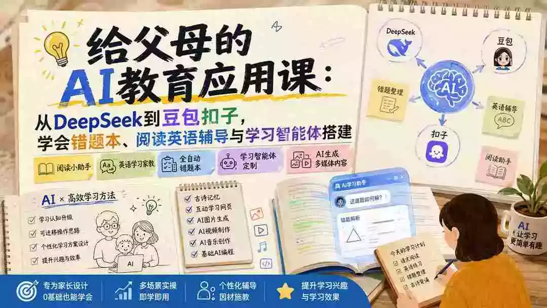 给父母的AI教育应用课:从DeepSeek到豆包扣子,学会错题本、阅读英语辅导与学习智能体搭建 给父母的AI教育应用课:从DeepSeek到豆包扣子,学会错题本、阅读英语辅导与学习智能体搭建