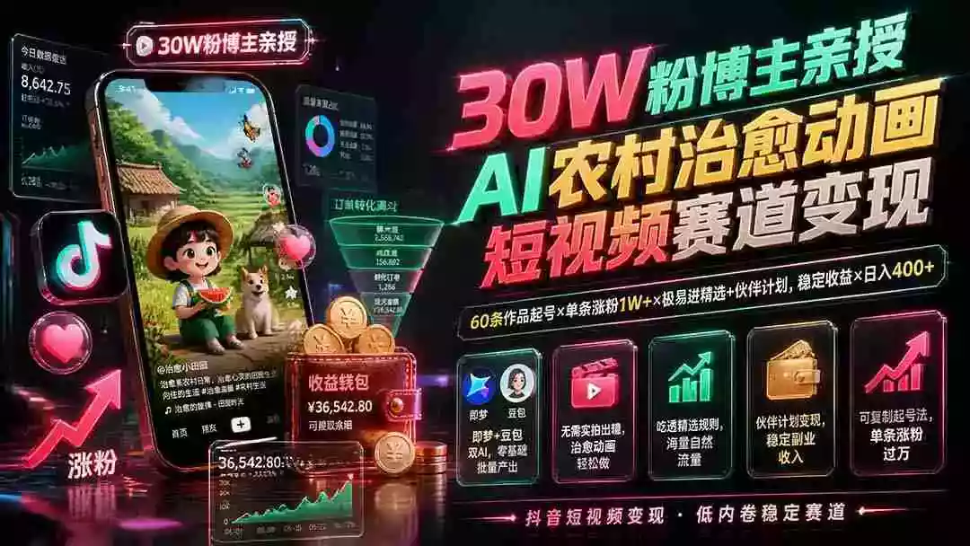 30W粉博主亲授AI农村治愈动画短视频赛道变现:60条作品起号单条涨粉1W+极易进精选+伙伴计划,稳定收益日入400+ 30W粉博主亲授AI农村治愈动画短视频赛道变现:60条作品起号单条涨粉1W+极易进精选+伙伴计划,稳定收益日入400+