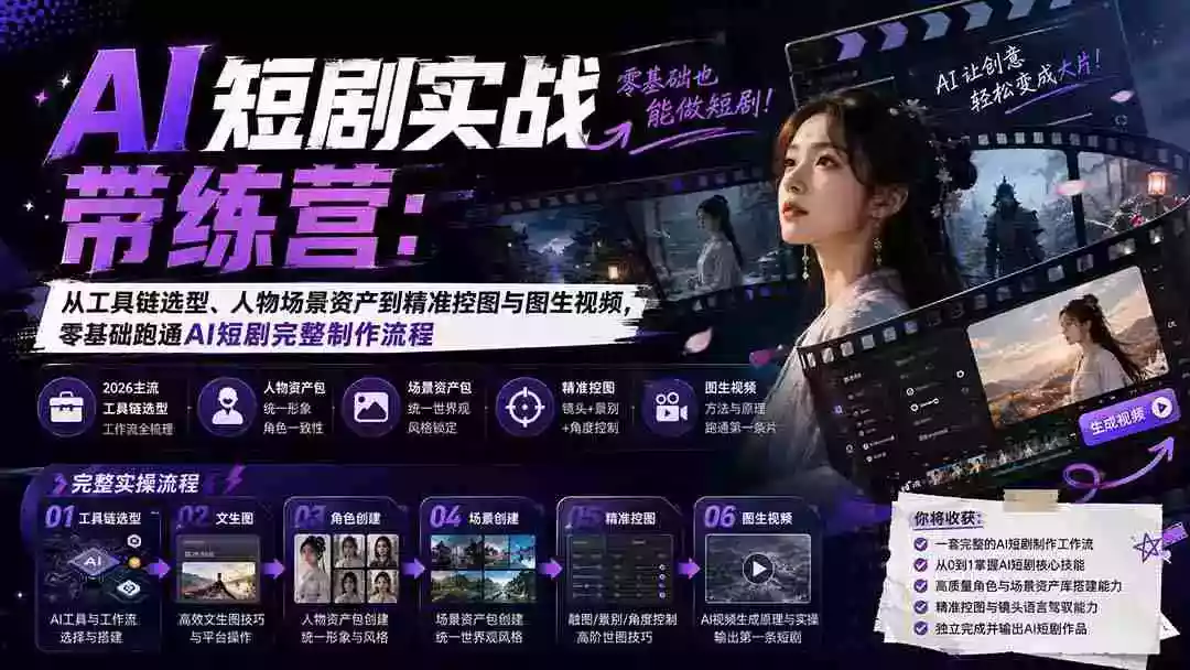 AI短剧实战训练营:从工具链选型、人物场景资产到精准控图与图生视频,零基础跑通AI短剧完整制作流程 AI短剧实战训练营:从工具链选型、人物场景资产到精准控图与图生视频,零基础跑通AI短剧完整制作流程