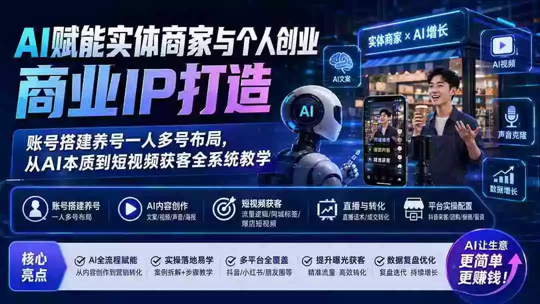 AI赋能实体商家与个人创业商业IP打造;账号搭建养号一人多号布局,从AI本质到短视频获客全系统教学 AI赋能实体商家与个人创业商业IP打造;账号搭建养号一人多号布局,从AI本质到短视频获客全系统教学