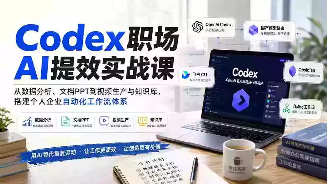 Codex职场AI提效实战课:从数据分析、文档PPT到视频生产与知识库,搭建个人企业自动化工作流体系