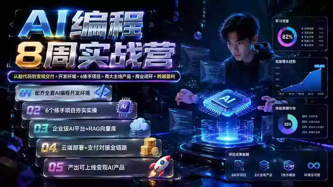 AI编程8周实战营:从敲代码到变现交付×开发环境×6练手项目×两大主线产品×商业闭环×跨越盈利