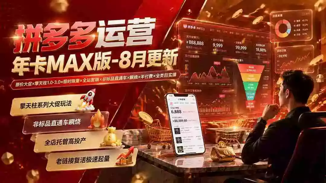 拼多多运营年卡MAX版-8月：原价大促擎天柱1.0-3.0限时限量全站营销非标品直通车瞬烧半付费全类目实操