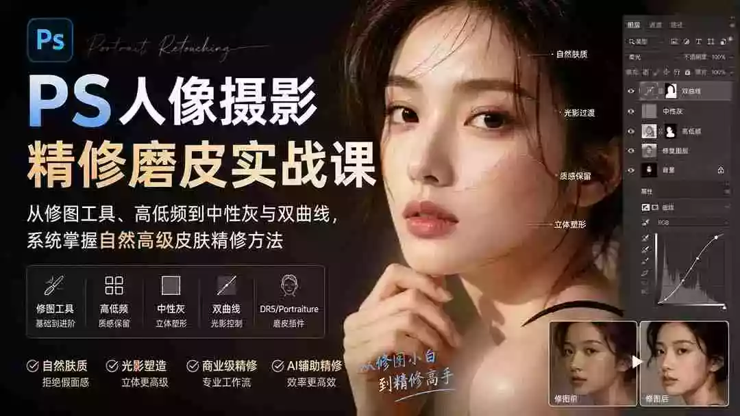 PS人像摄影精修磨皮实战课：从修图工具、高低频到中性灰与双曲线，系统掌握自然高级皮肤精修方法