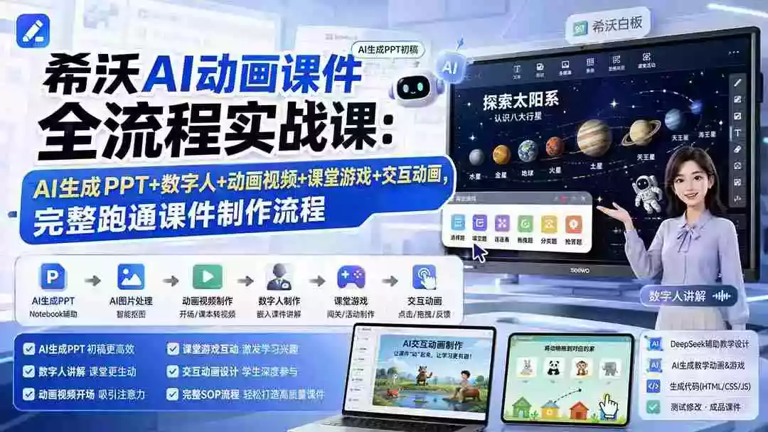 希沃AI动画课件全流程实战课:AI生成PPT+数字人+动画视频+课堂游戏+交互动画,完整跑通课件制作流程 希沃AI动画课件全流程实战课:AI生成PPT+数字人+动画视频+课堂游戏+交互动画,完整跑通课件制作流程