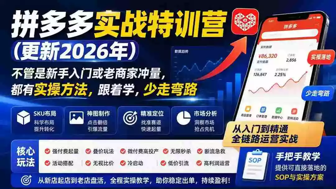 拼多多实战特训营(更新26年0822):不管是新手入门或老商家冲量,都有实操方法,跟着学,少走弯路 拼多多实战特训营(更新26年0822):不管是新手入门或老商家冲量,都有实操方法,跟着学,少走弯路