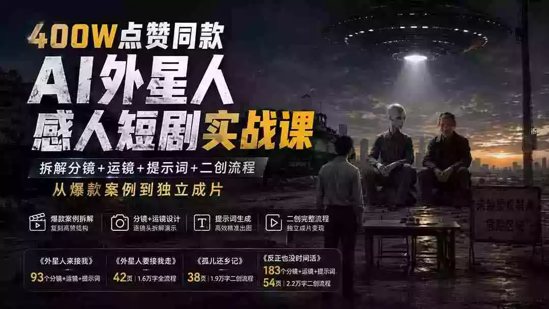 400W点赞同款AI外星人感人短剧实战课:拆解分镜+运镜+提示词+二创流程,从爆款案例到独立成片 400W点赞同款AI外星人感人短剧实战课:拆解分镜+运镜+提示词+二创流程,从爆款案例到独立成片