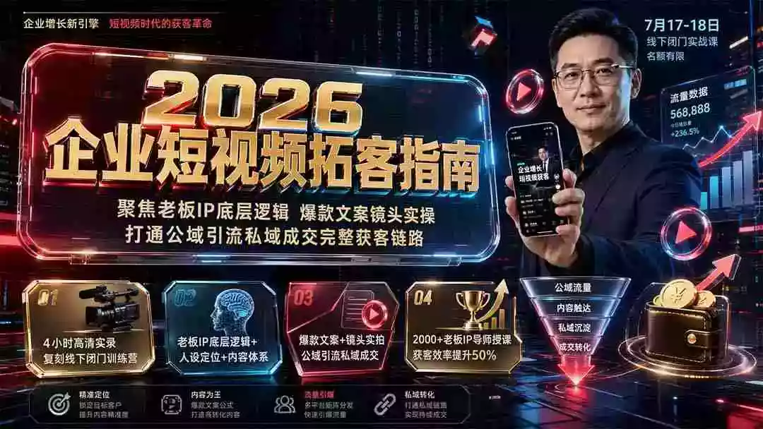 2026企业短视频拓客指南:聚焦老板IP底层逻辑,爆款文案镜头实操,打通公域引流私域成交完整获客链路