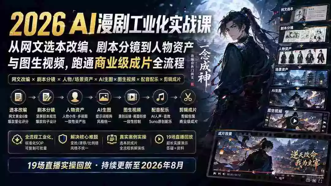2026 AI漫剧工业化实战课-更新:从网文选本改编、剧本分镜到人物资产与图生视频,跑通商业级成片全流程 2026 AI漫剧工业化实战课-更新:从网文选本改编、剧本分镜到人物资产与图生视频,跑通商业级成片全流程