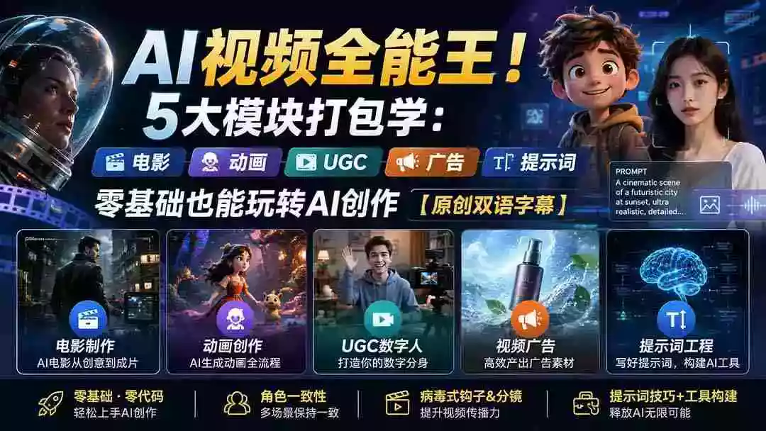 AI视频全能王!5大模块打包学:电影、动画、UGC、广告、提示词,零基础也能玩转AI创作【原创双语字幕】 AI视频全能王!5大模块打包学:电影、动画、UGC、广告、提示词,零基础也能玩转AI创作【原创双语字幕】