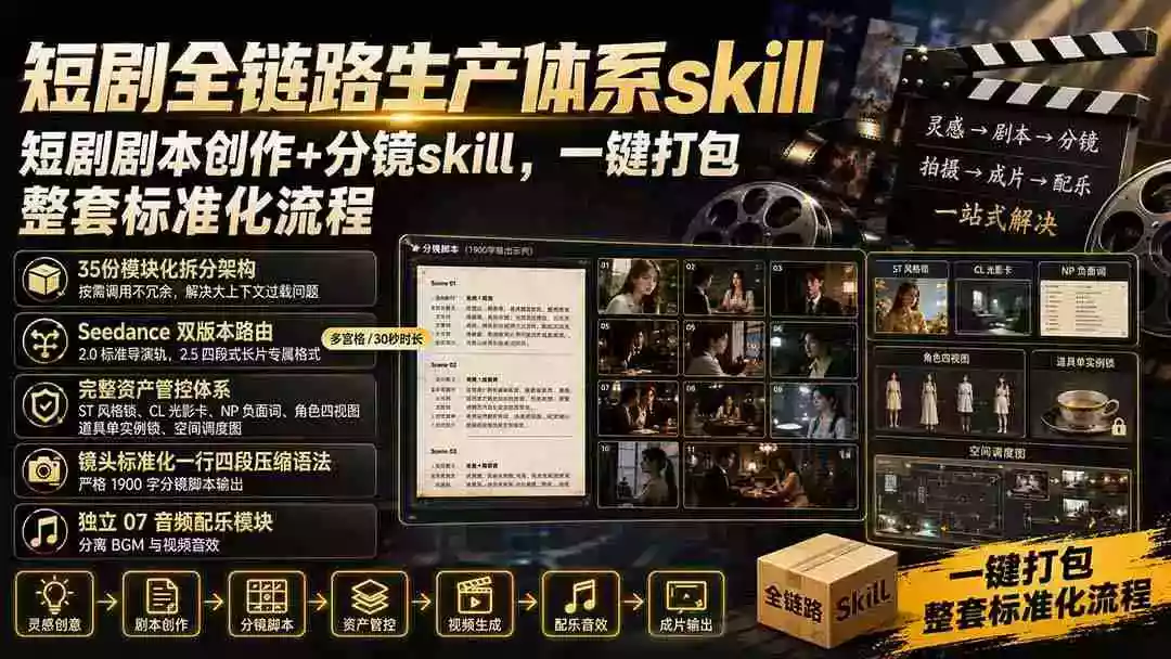短剧全链路生产体系skill,短剧剧本创作+分镜skill,一键打包,整套标准化流程 短剧全链路生产体系skill,短剧剧本创作+分镜skill,一键打包,整套标准化流程