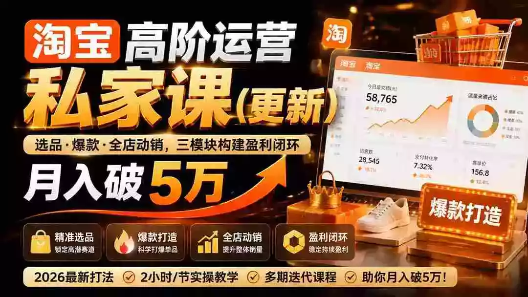淘宝高阶运营私家课(更新26年):选品、爆款、全店动销,三模块构建盈利闭环,月入破5万 淘宝高阶运营私家课(更新26年):选品、爆款、全店动销,三模块构建盈利闭环,月入破5万